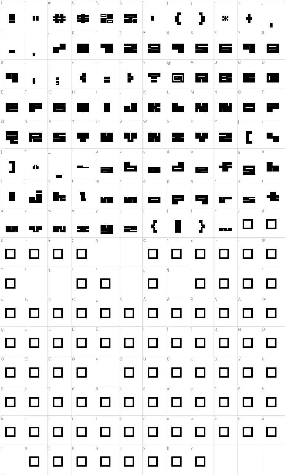 1B Maze Black + Whitefont character map