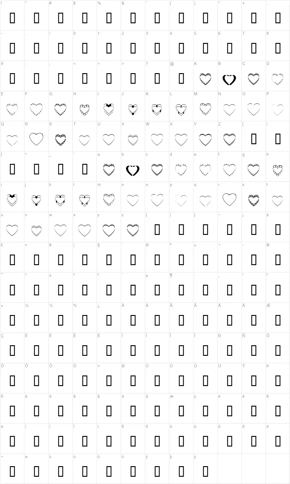 4YEOheartsfont character map