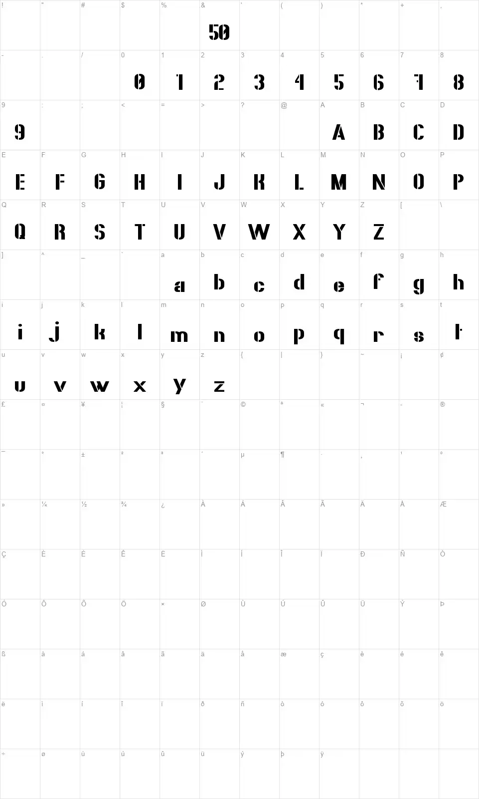 50 Blizzardsfont character map