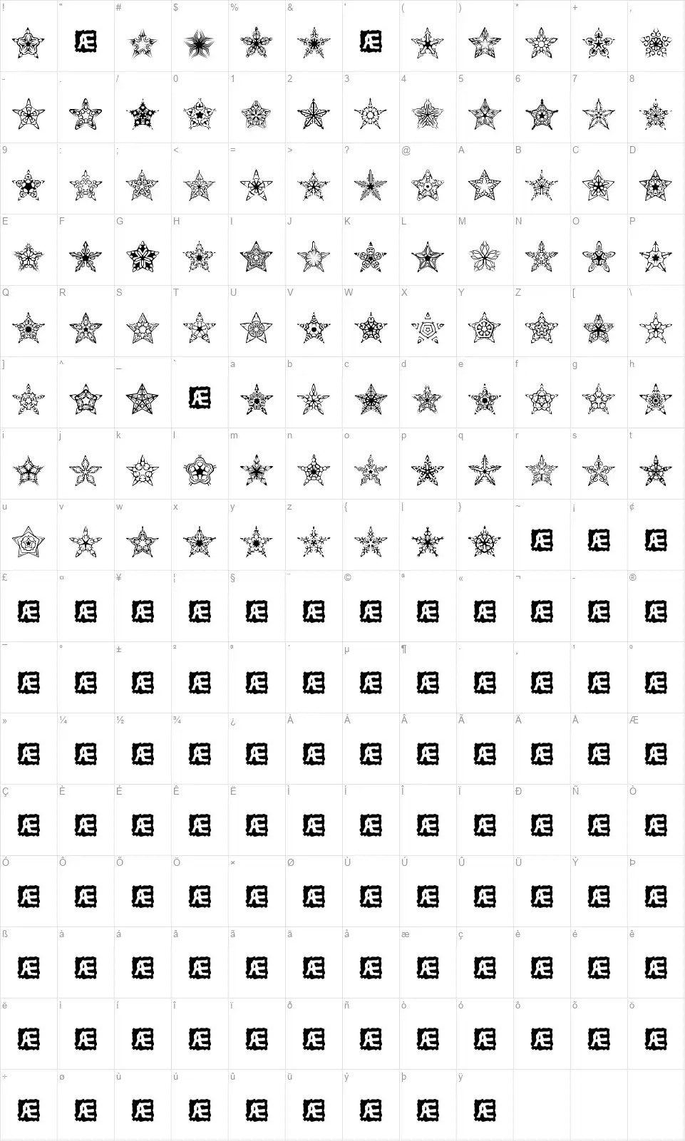 90 Stars BRKfont character map