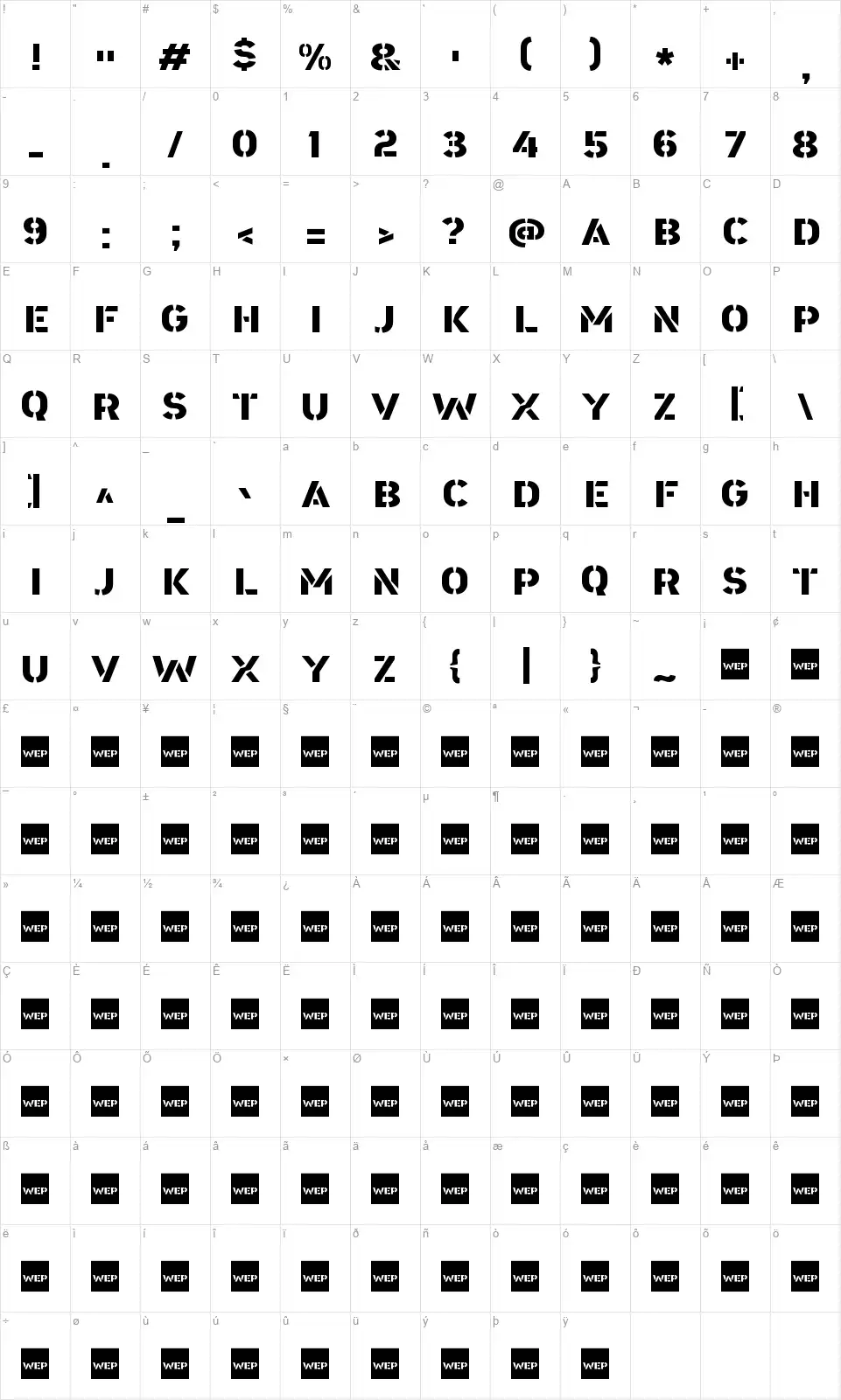 A Area Stencilfont character map