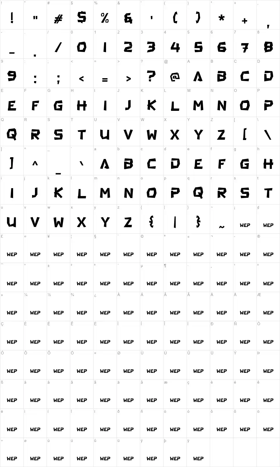 A Art Paperfont character map