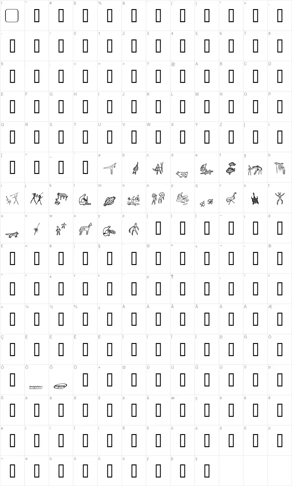 Aboriginebats 1 + 2font character map