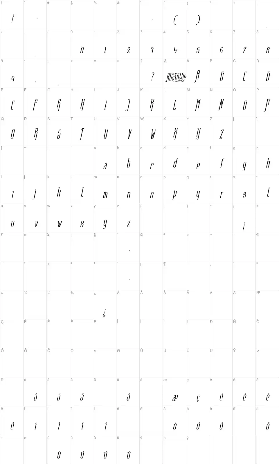 Absinthe FTfont character map