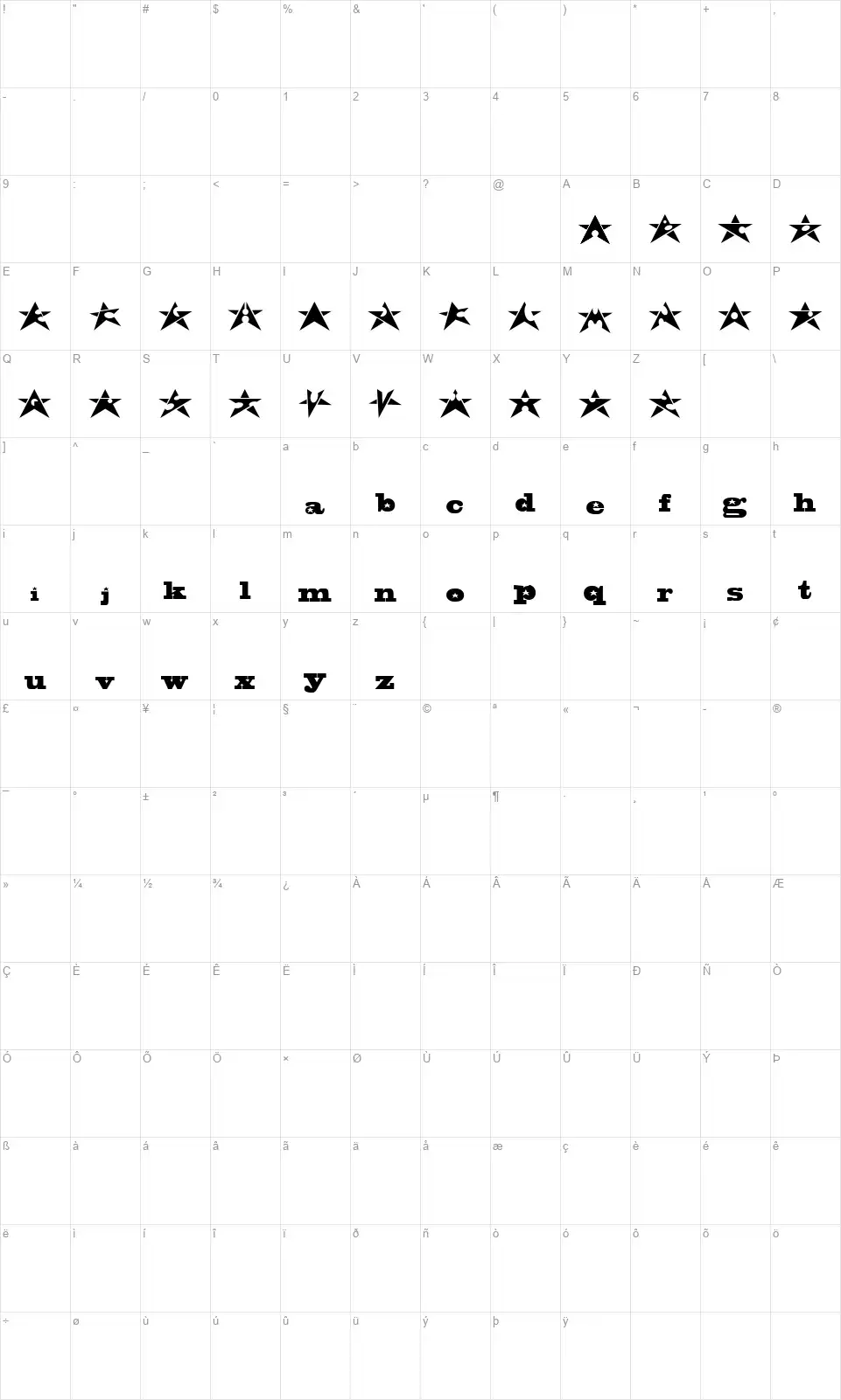 Adrian Starsfont character map