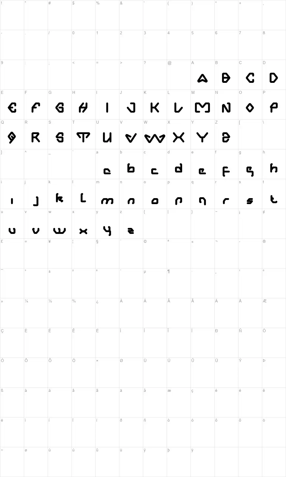 Aero Dynamicfont character map