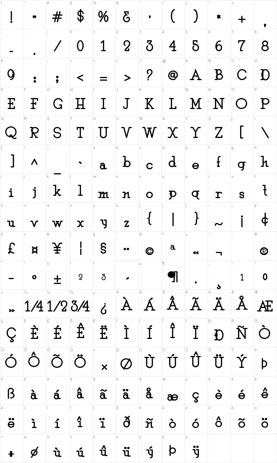 After Timefont character map