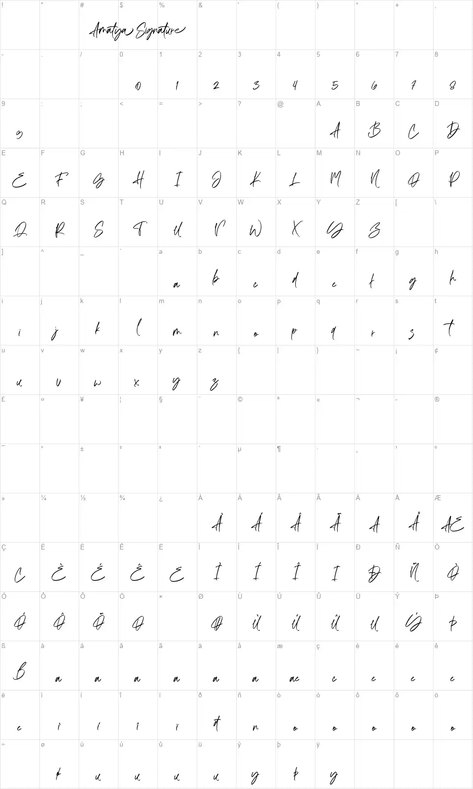 Amatya Signaturefont character map