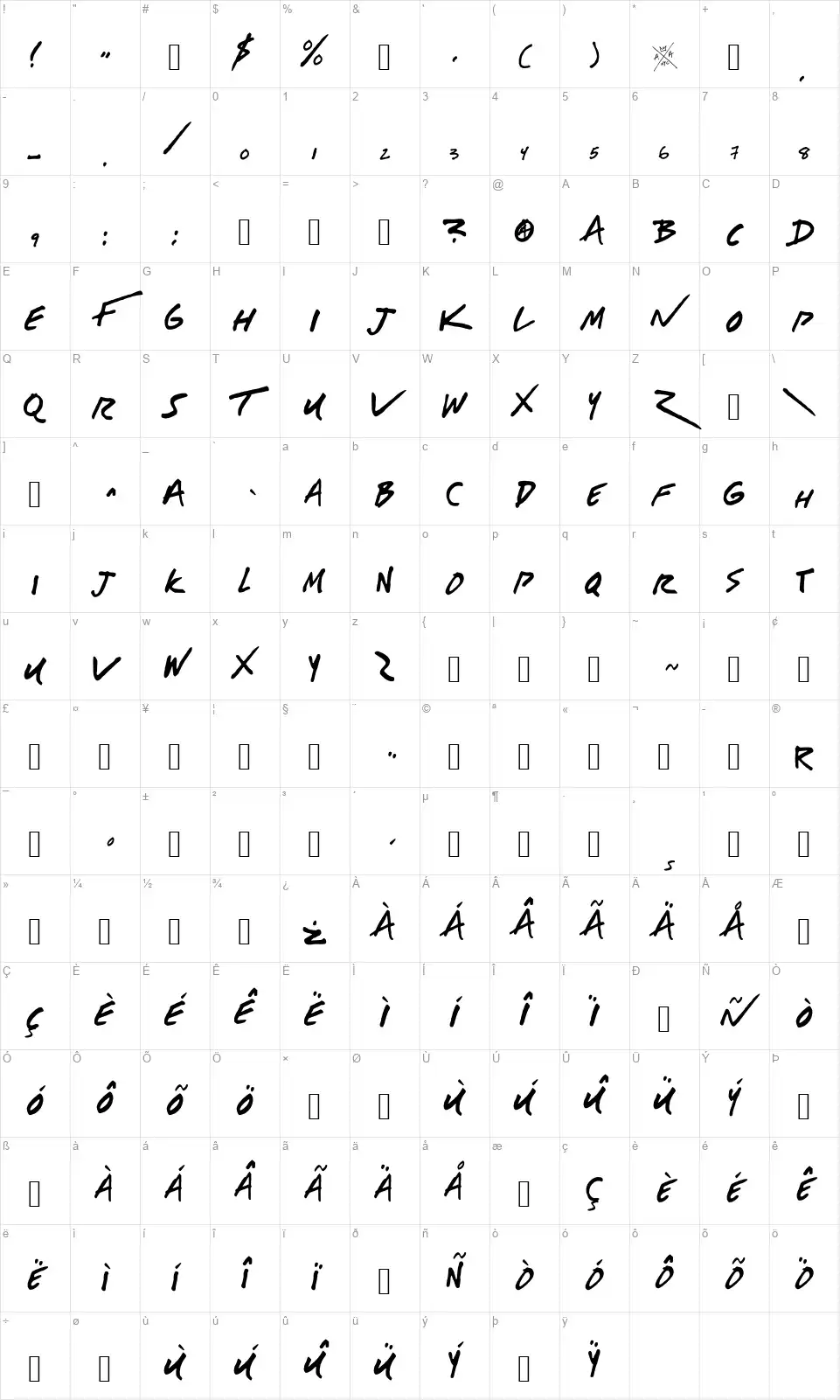 American Authorsfont character map