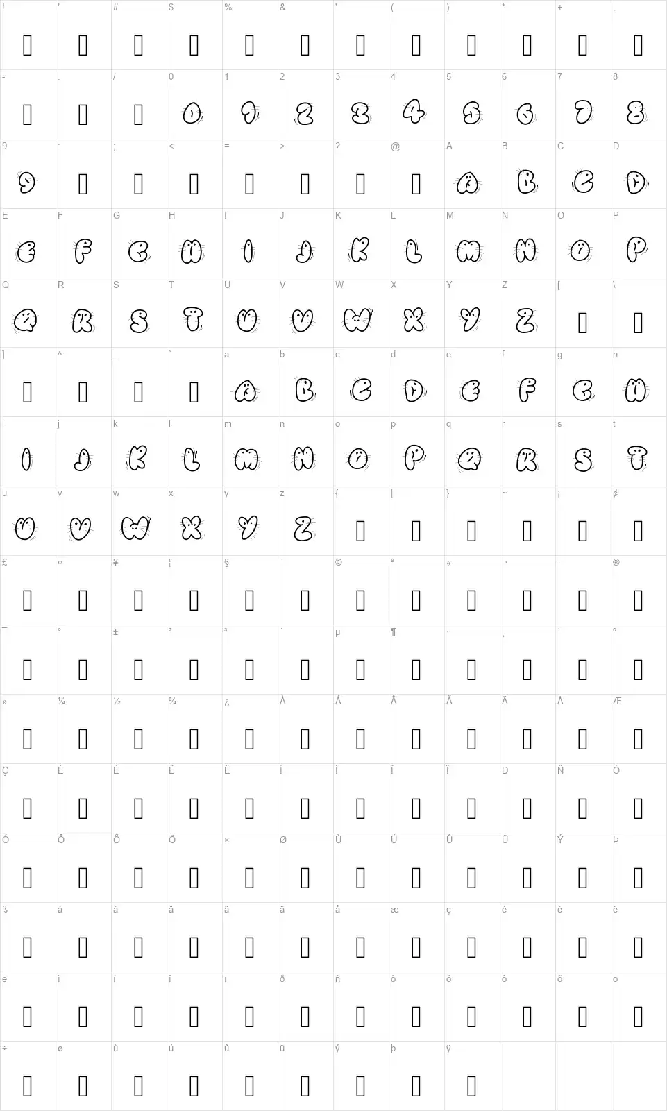 Animalettersfont character map