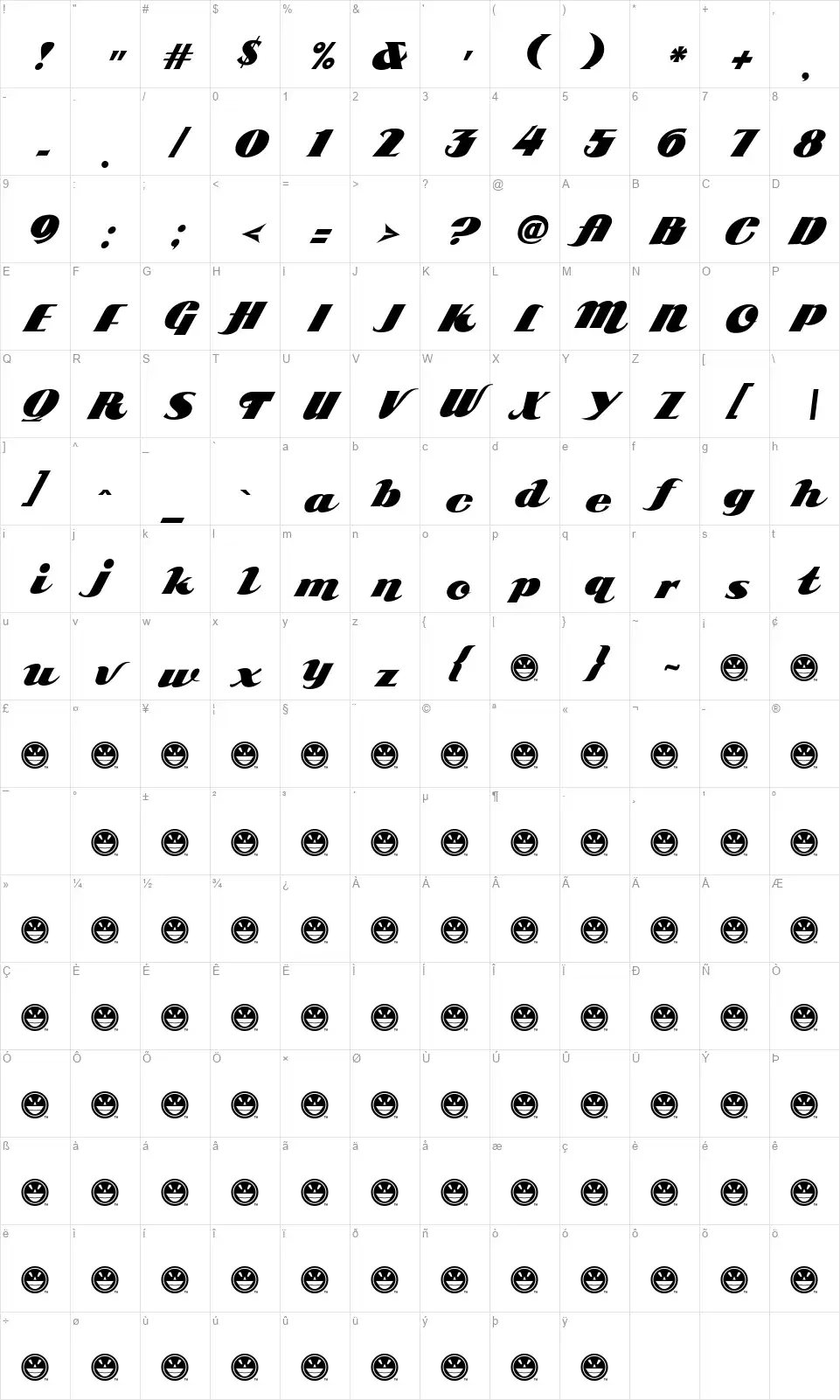ARB 85 Poster Script JAN-39font character map