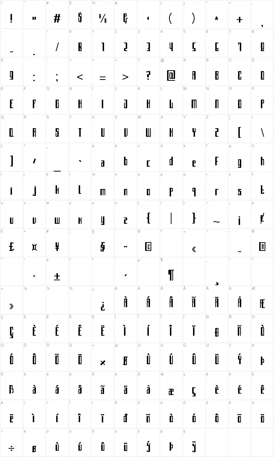 Archimatefont character map