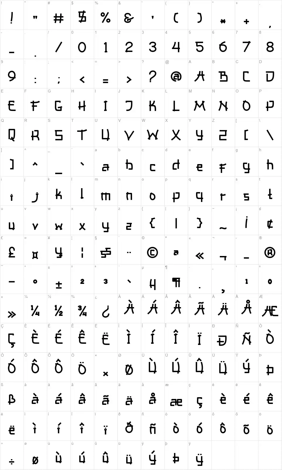 Asianafont character map