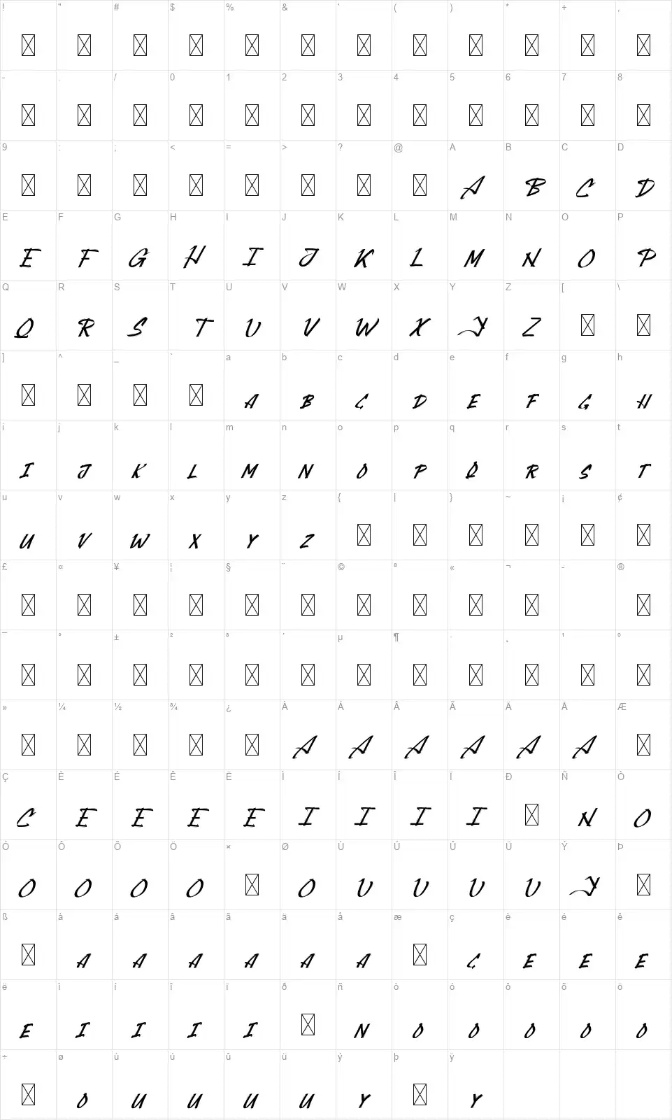 Attacktionfont character map