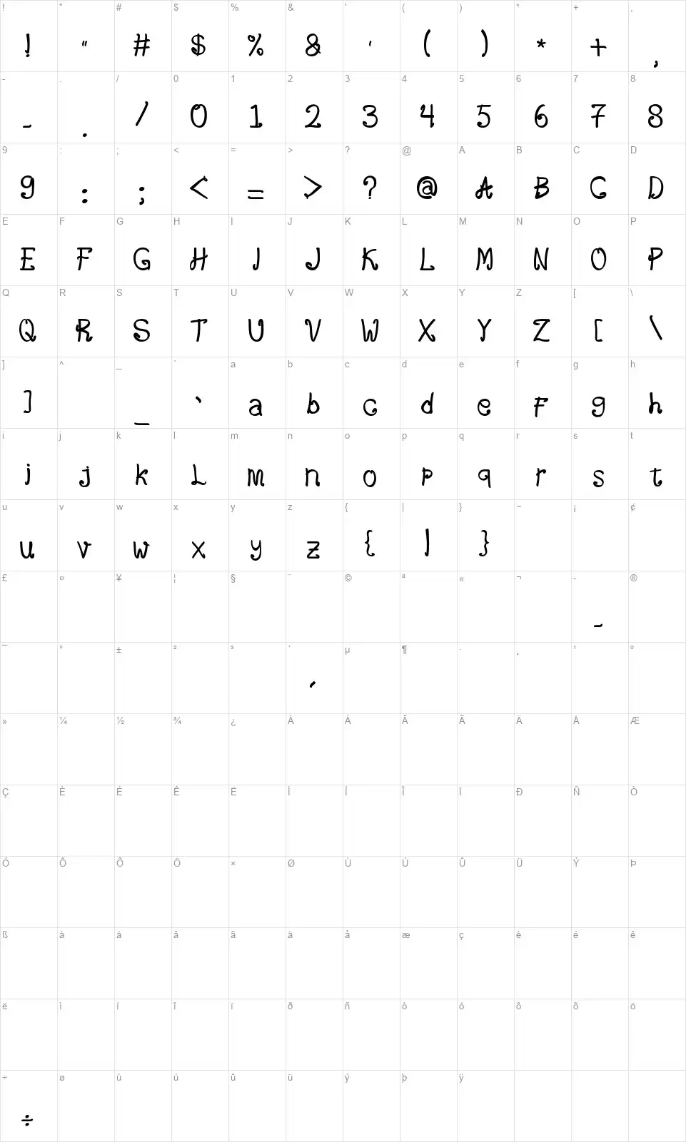Attazackfont character map
