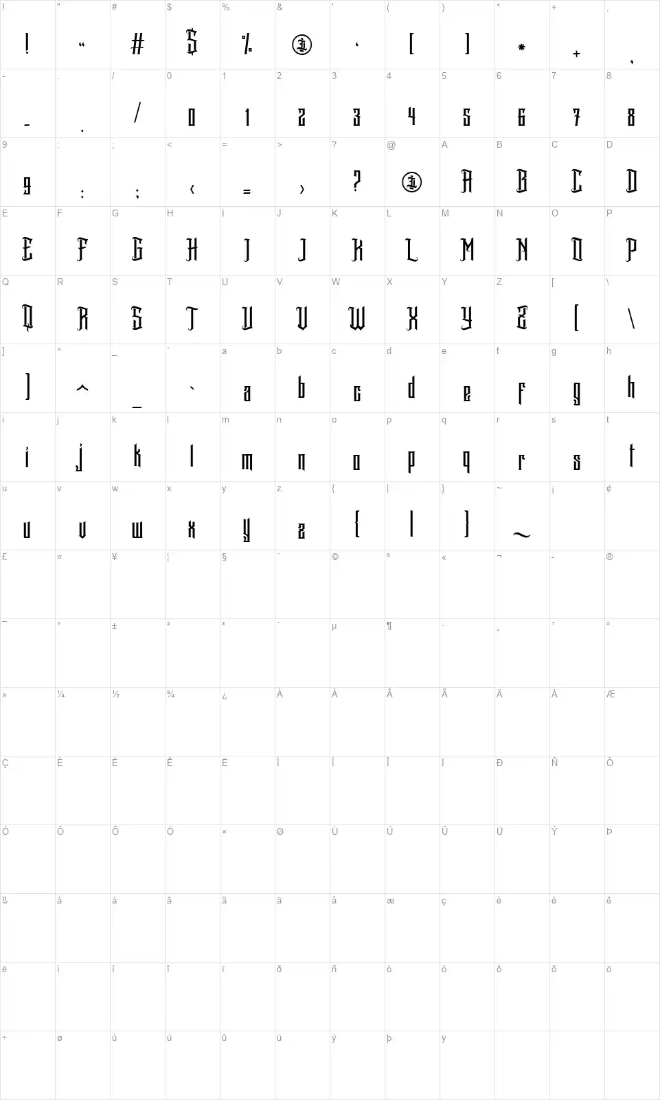 Avartequerofont character map