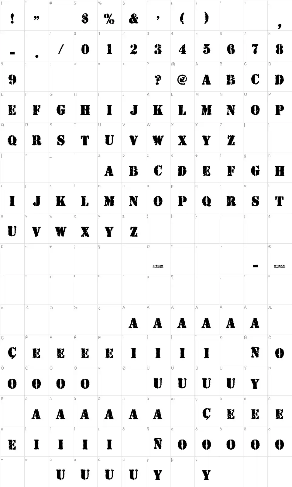 B-Teamfont character map