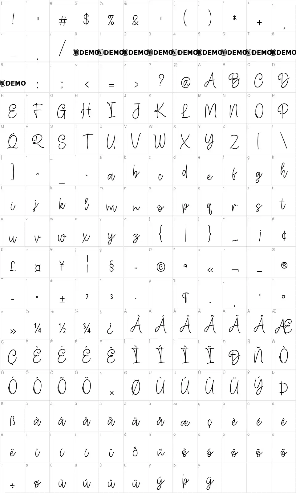 Backstayfont character map