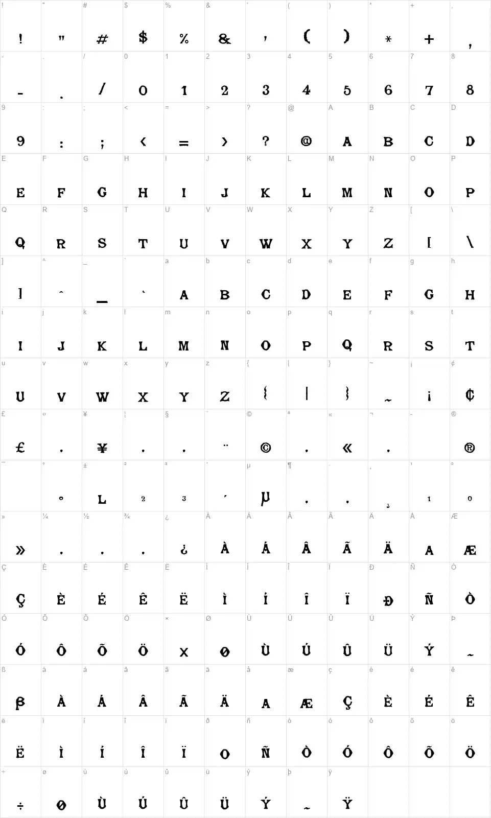 Bajorellefont character map