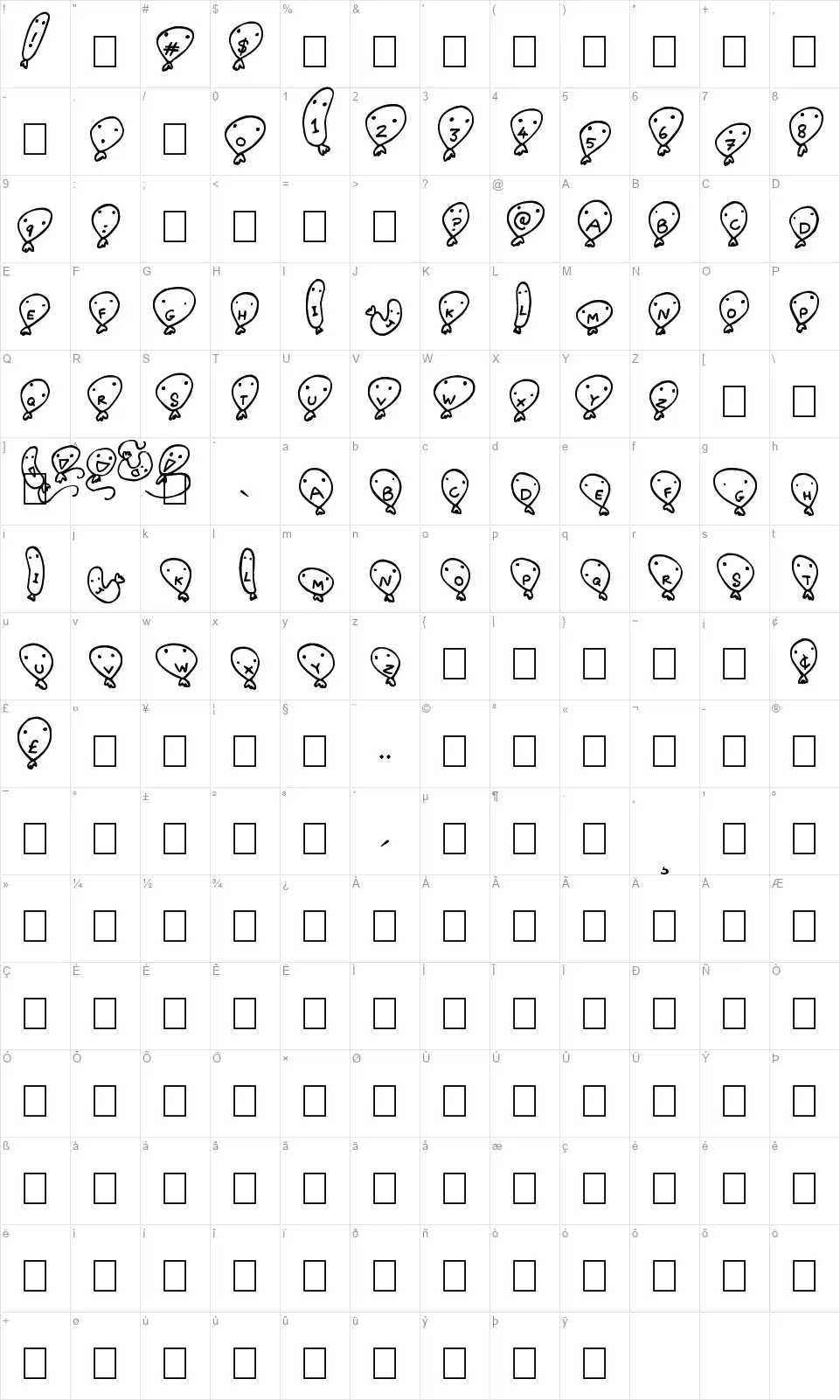 Balloon Friendsfont character map