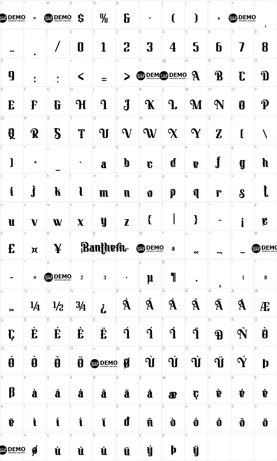 Banthernfont character map