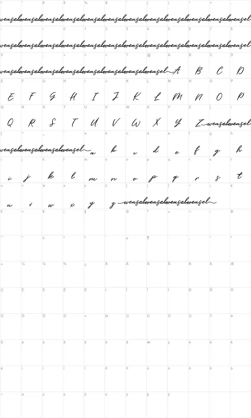 Barbequefont character map