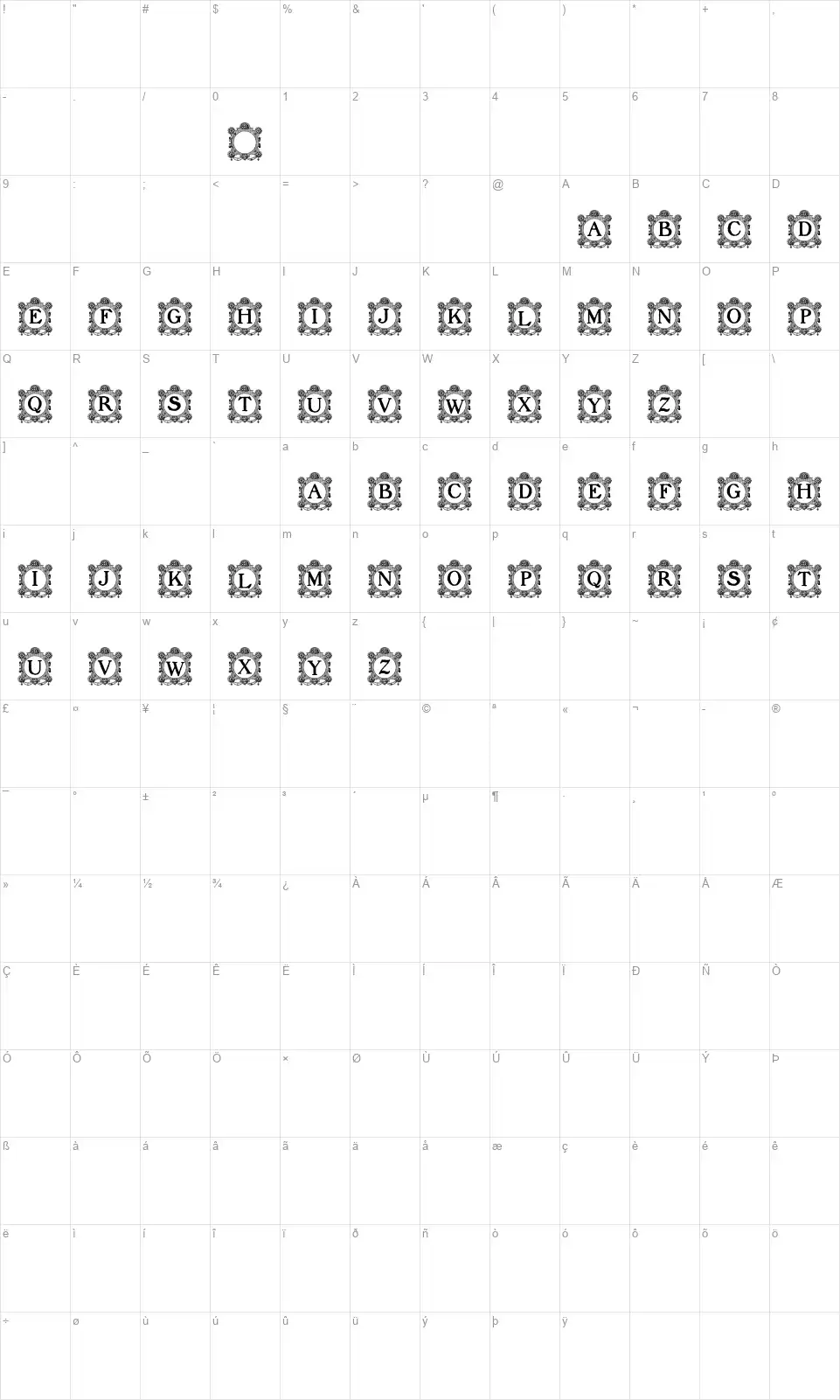 Barocque Capitalsfont character map