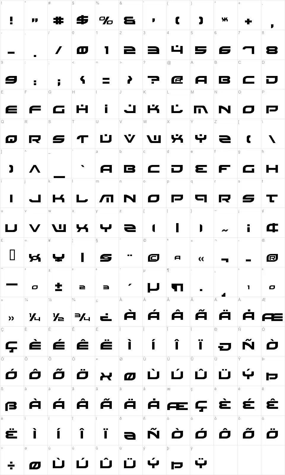 Battlefieldfont character map