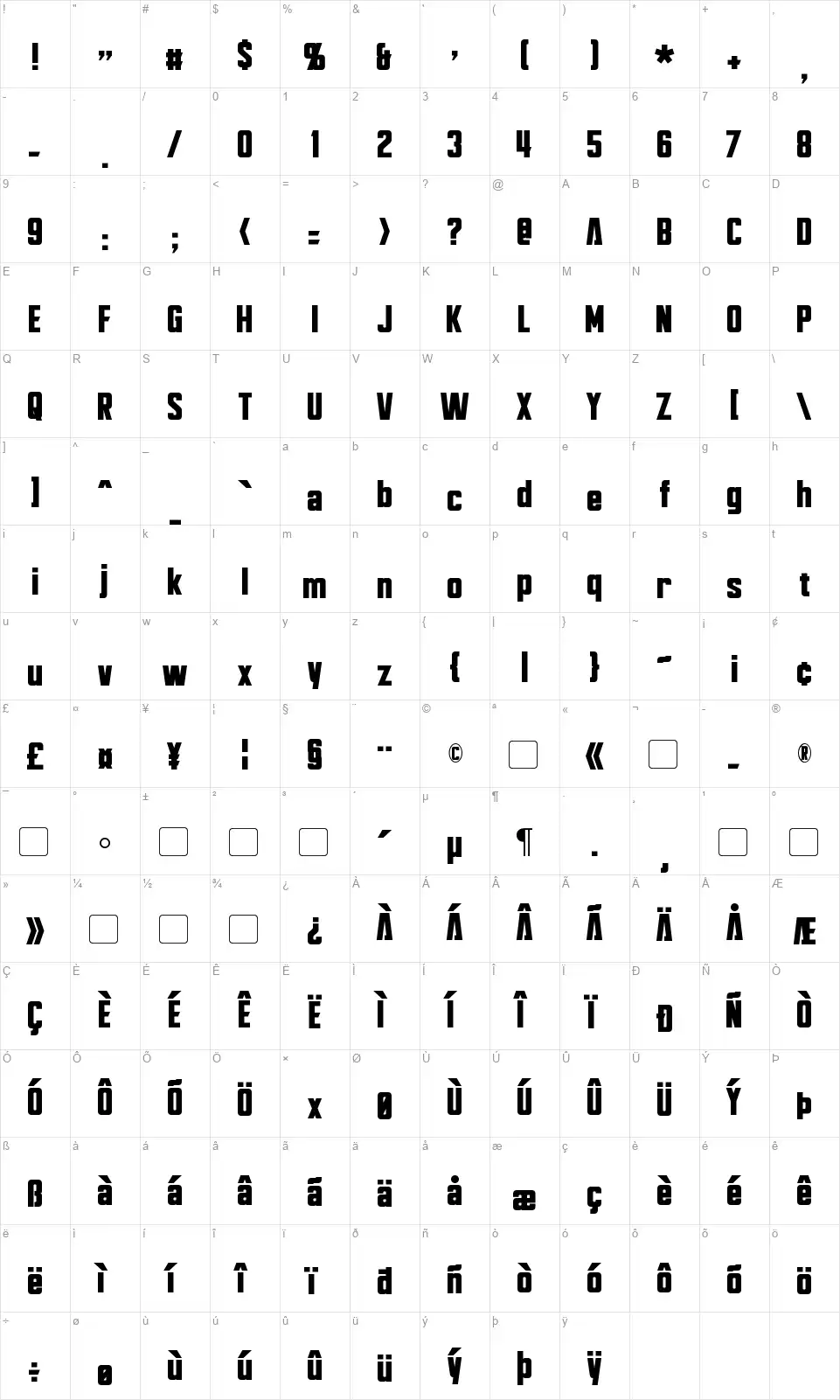 Bayformancefont character map