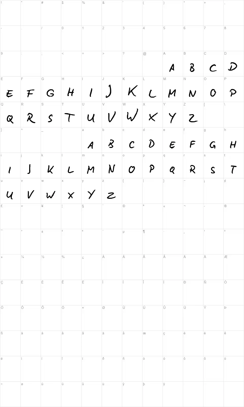 BD Letteringfont character map