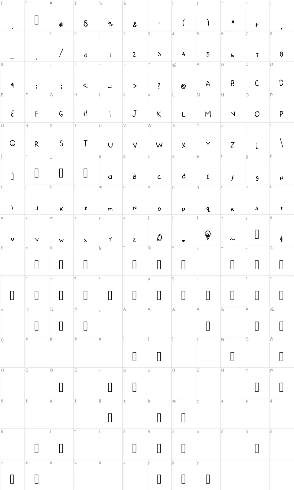 Bean Beanyfont character map