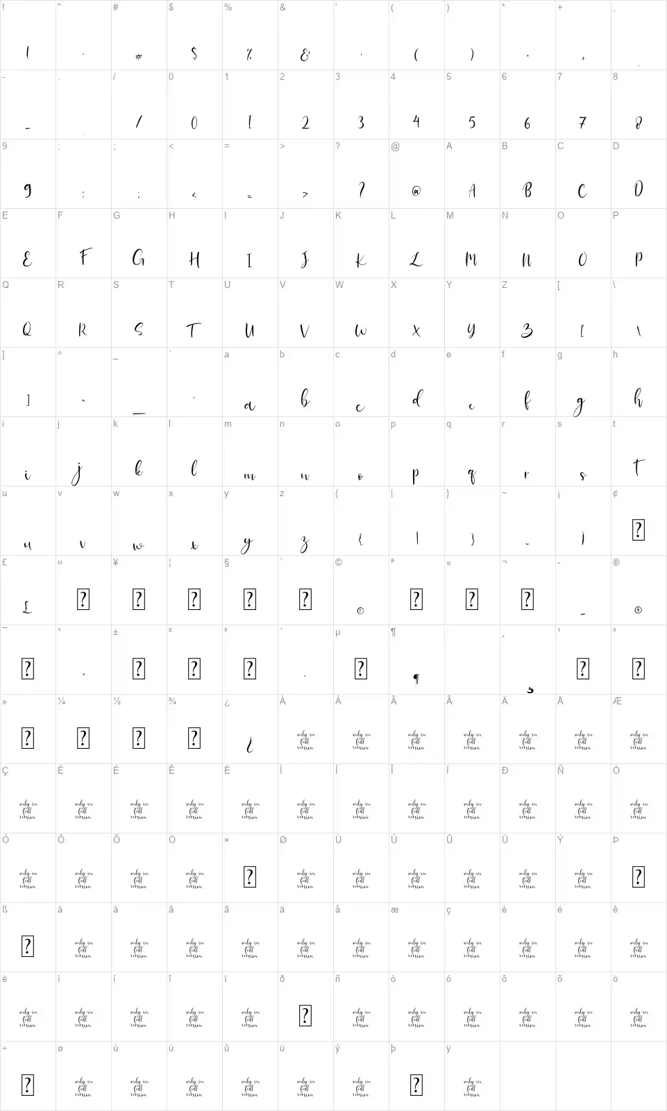 Bellaberryfont character map