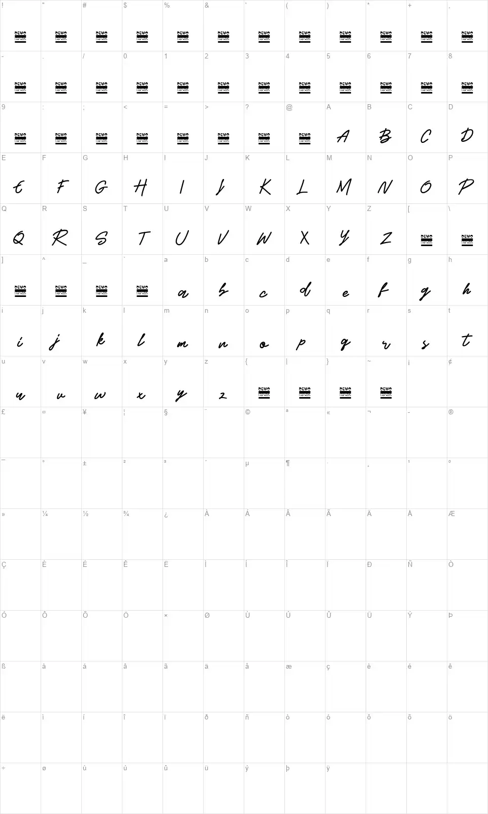 Beshinyfont character map