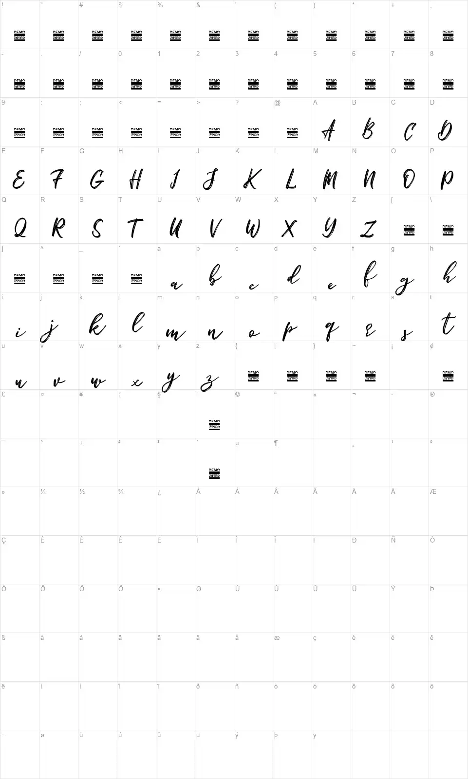 Bigbroadefont character map