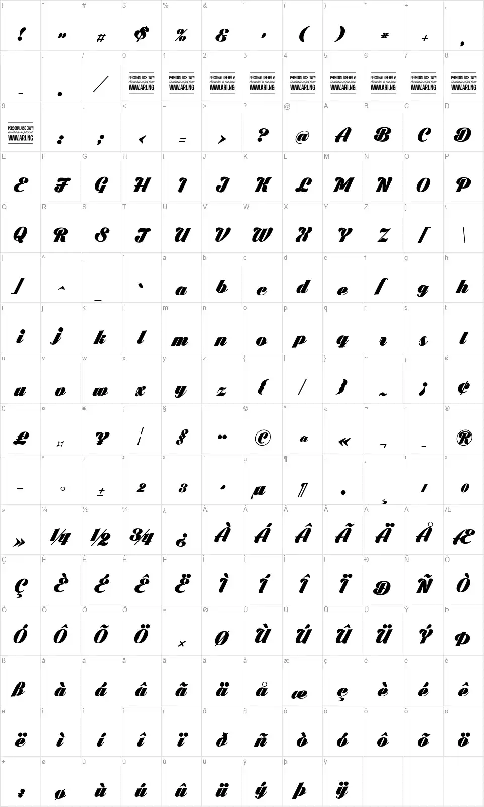 Black Larchfont character map