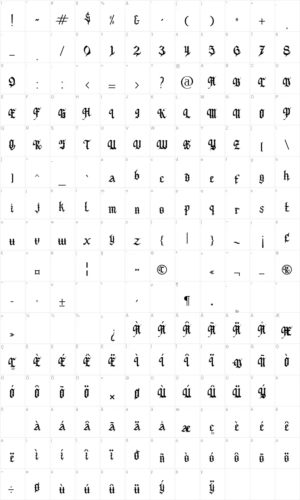 Black Wallfont character map