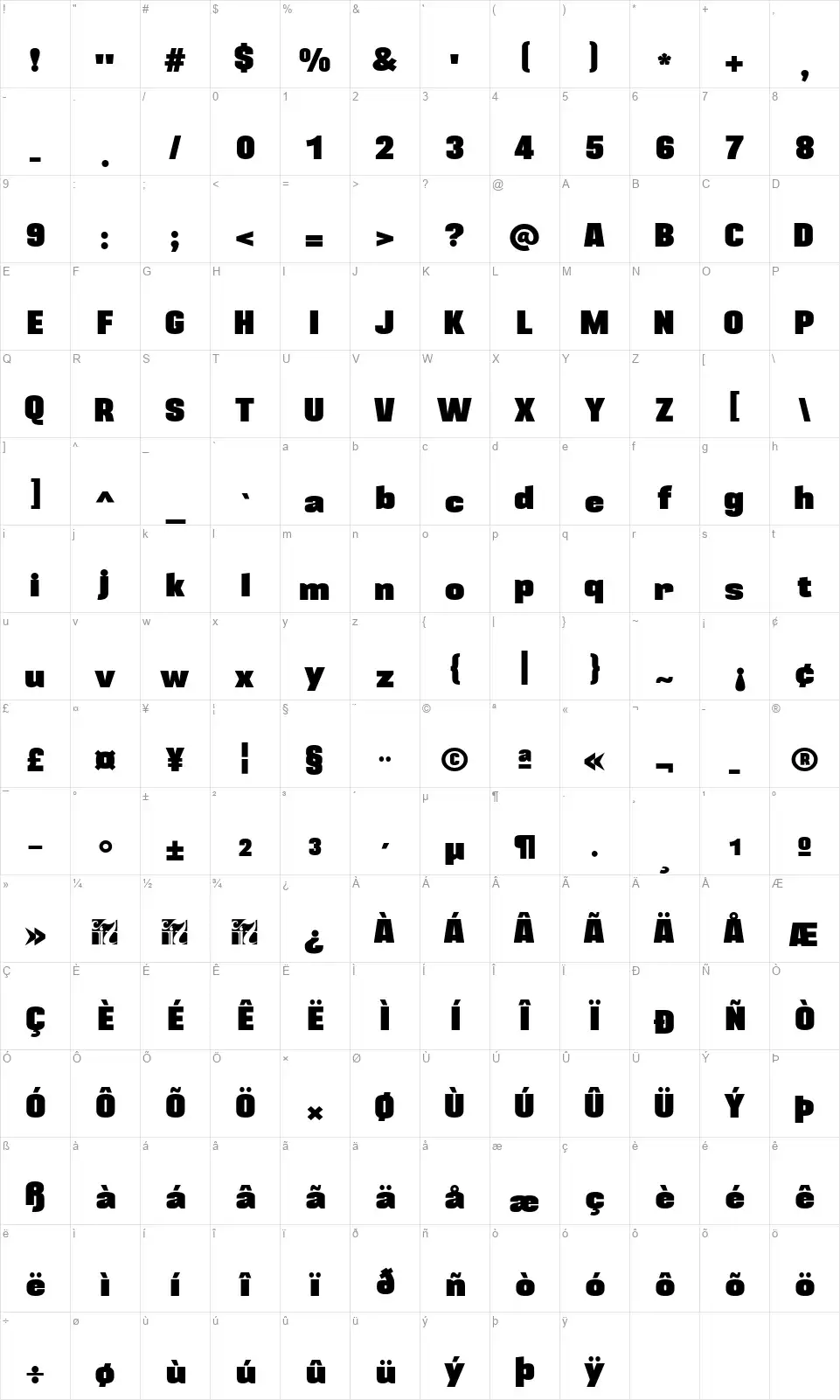 Blackplotanfont character map