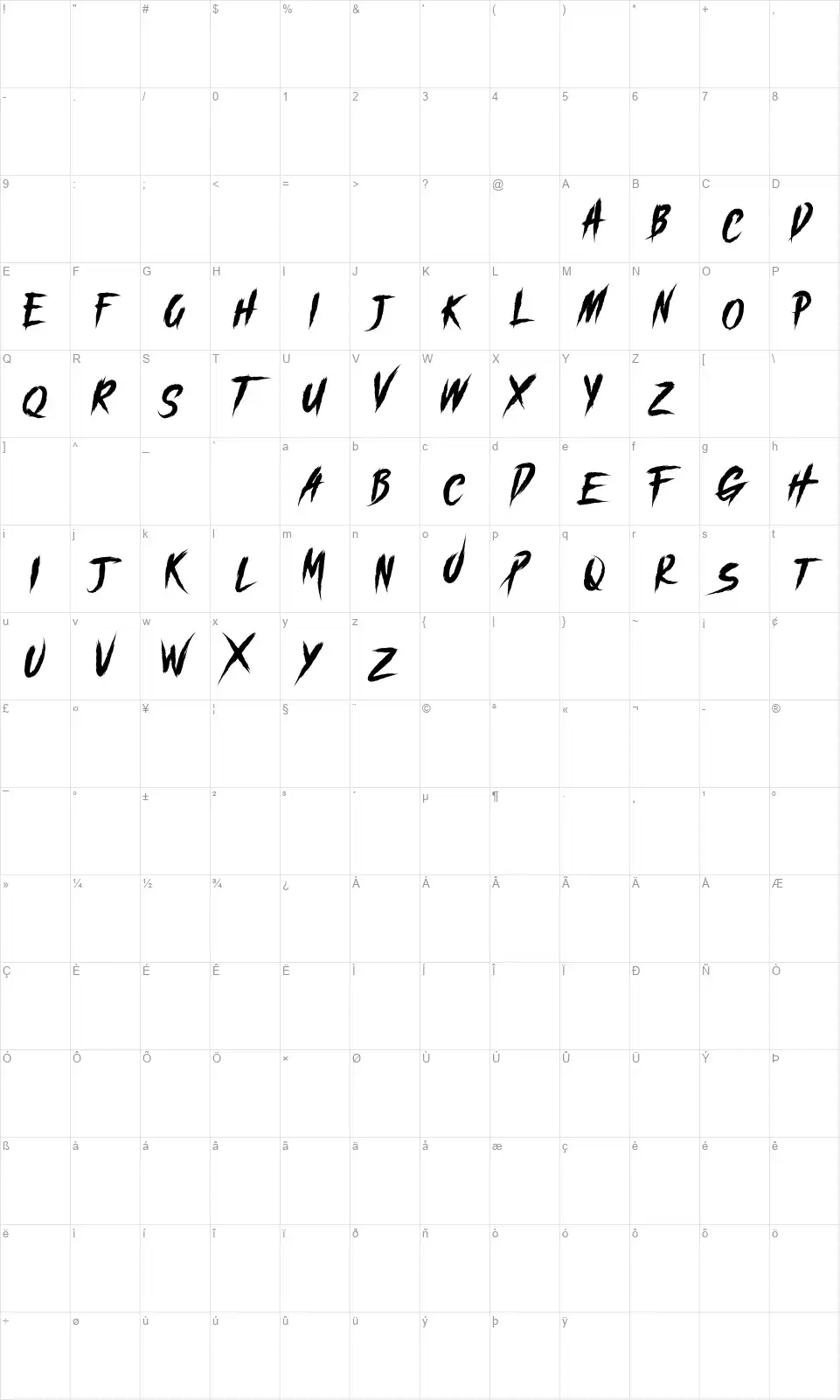 Boasterzfont character map