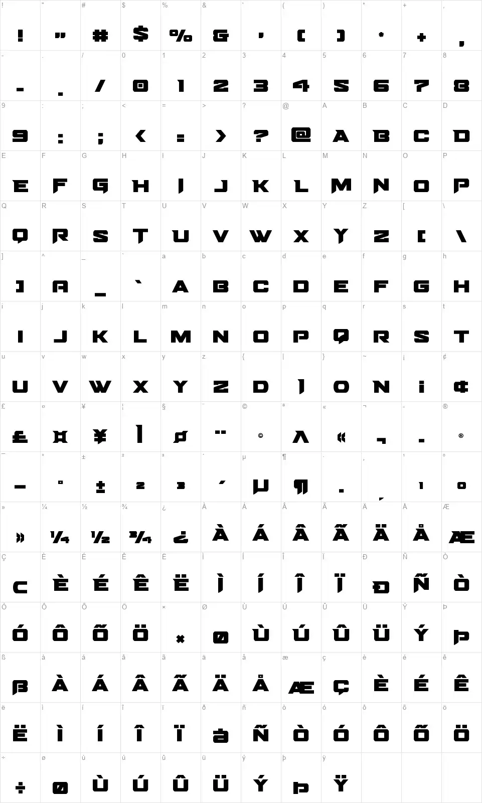 Bomber Escortfont character map