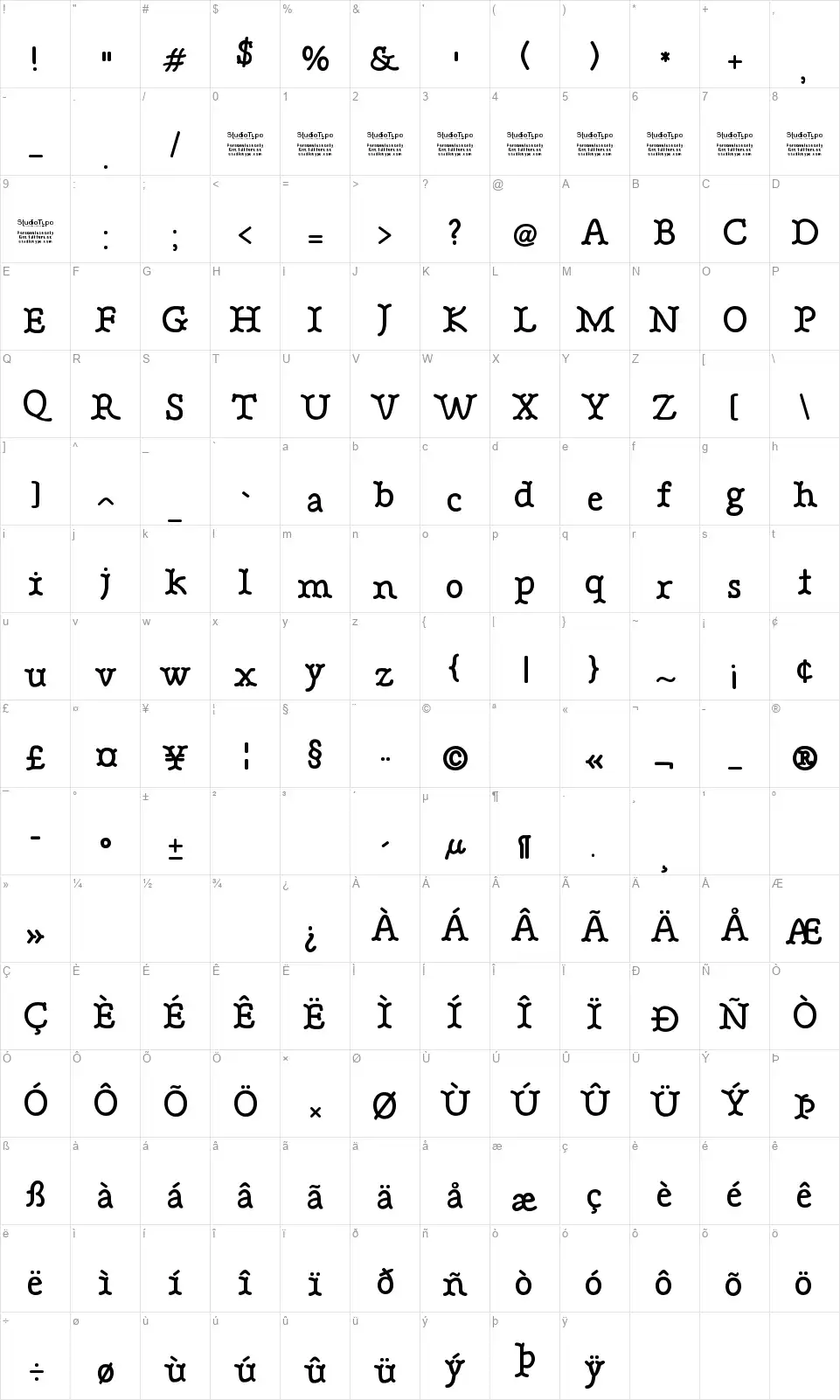 Bonebasticfont character map
