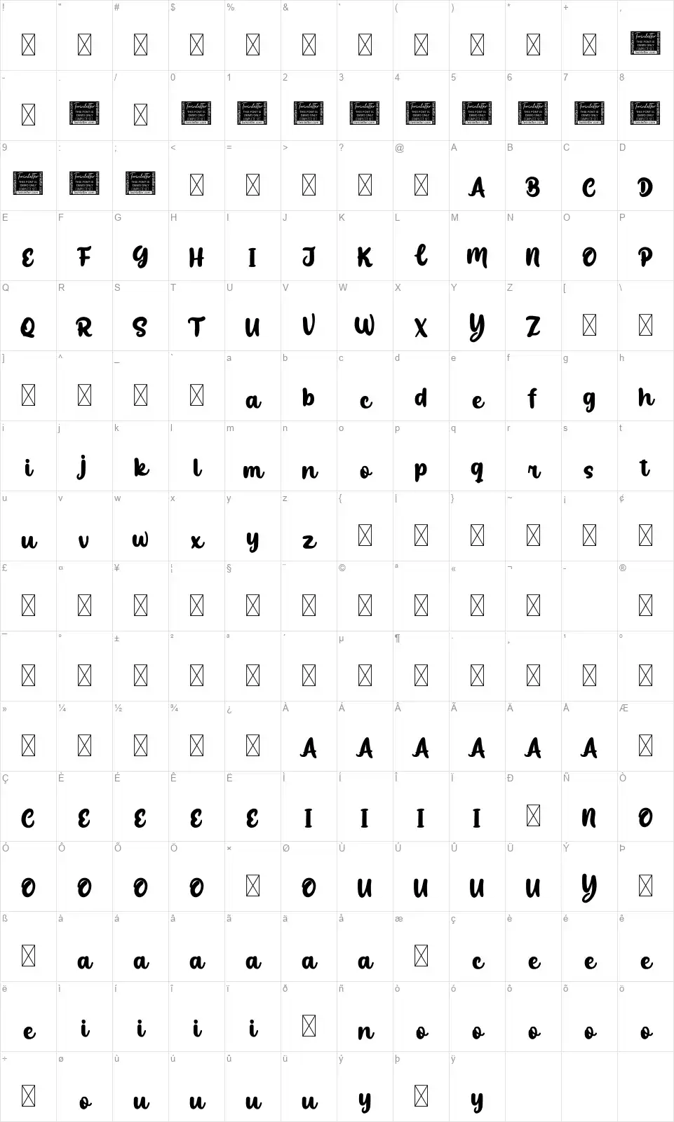 Bosskuyfont character map