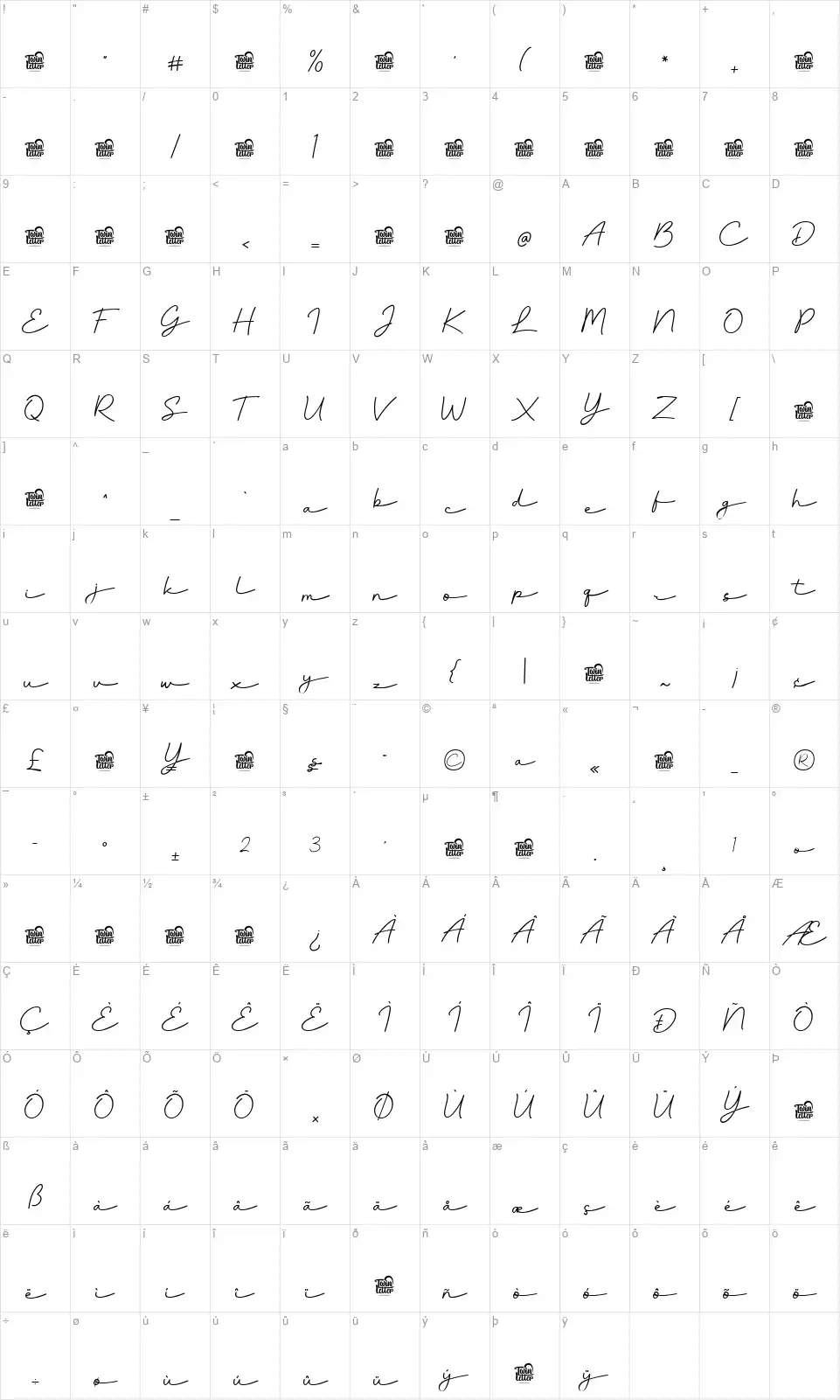Bountelanfont character map