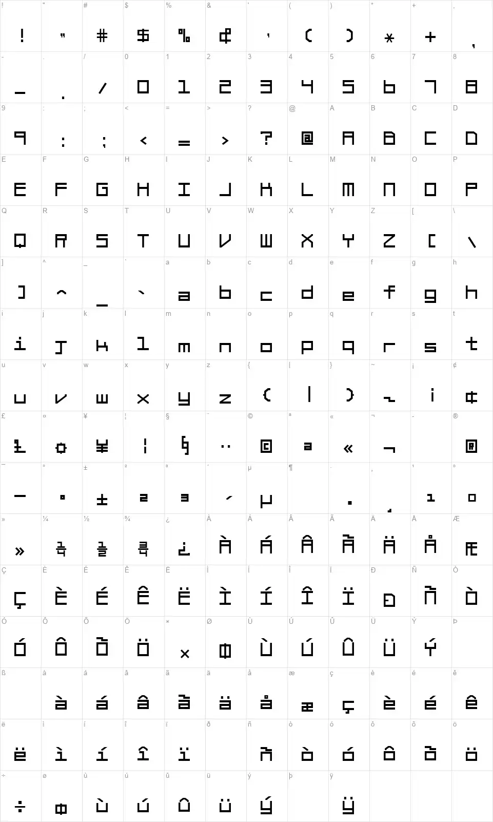Braciola MSfont character map