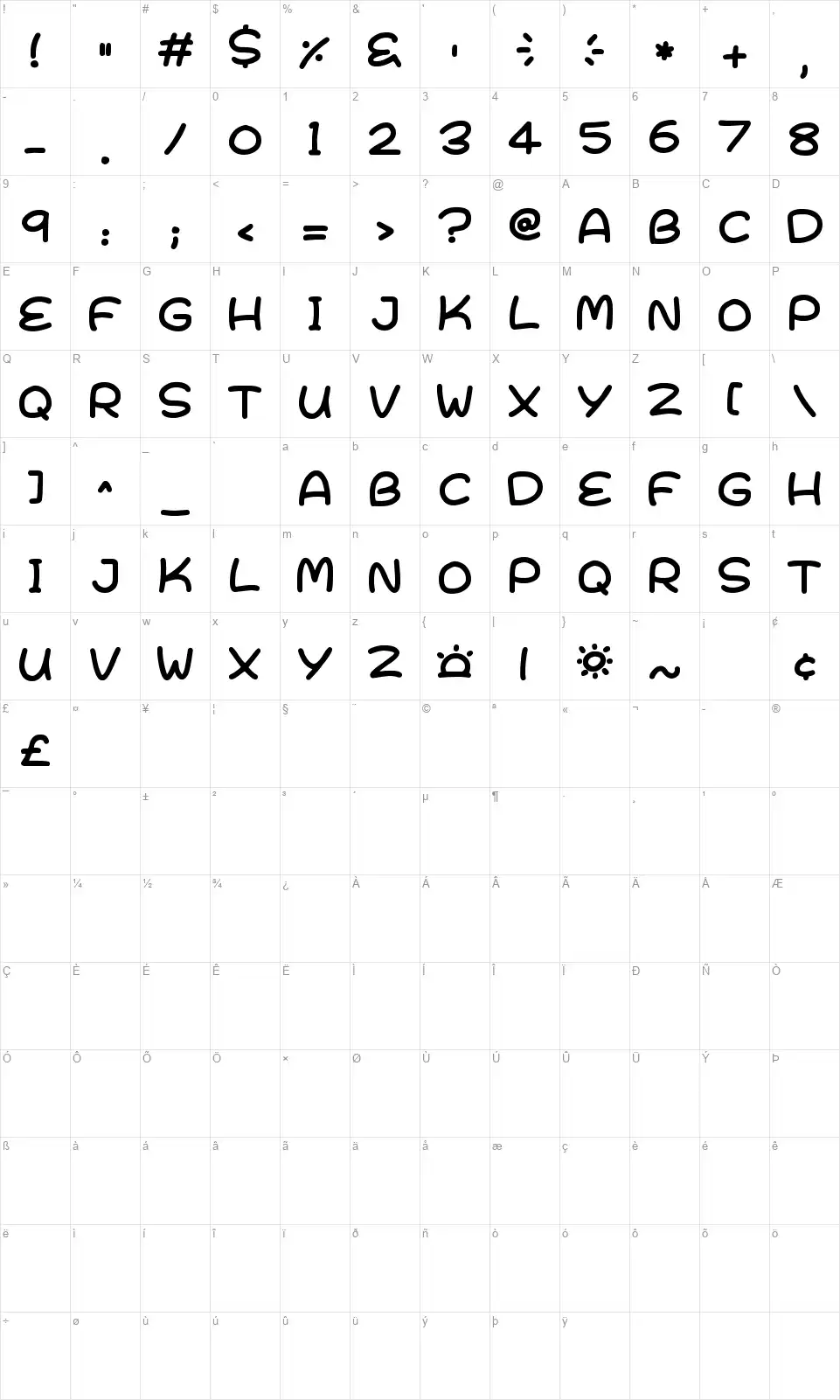 Bright & Earlyfont character map