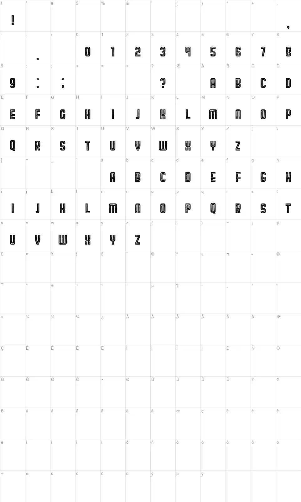 Broadwayfont character map