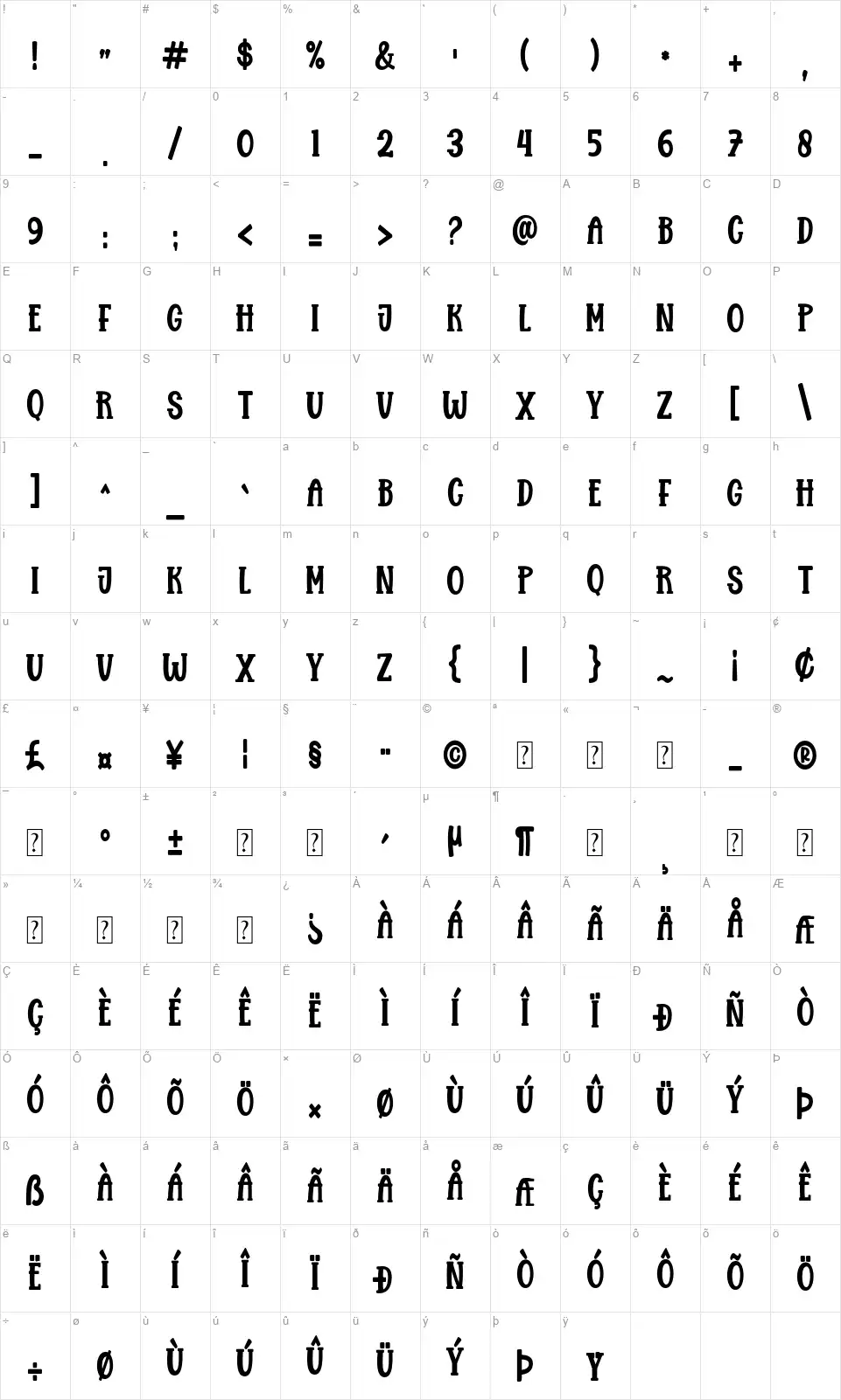 Brosiafont character map
