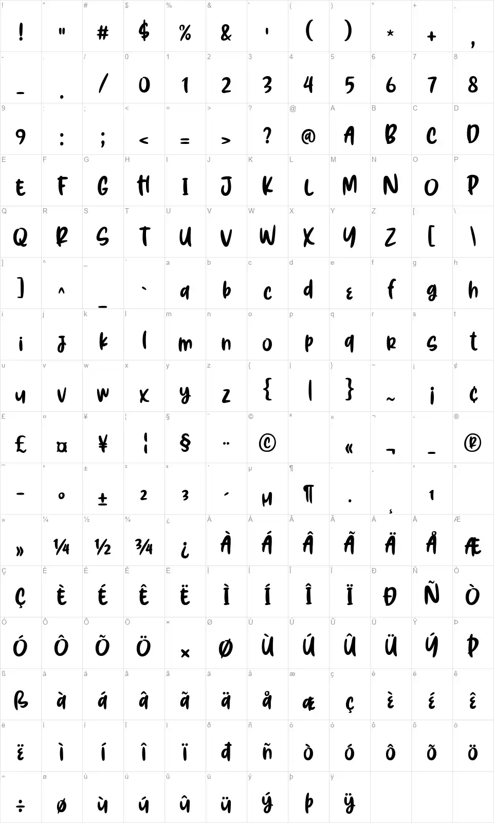 Brush Hoursfont character map