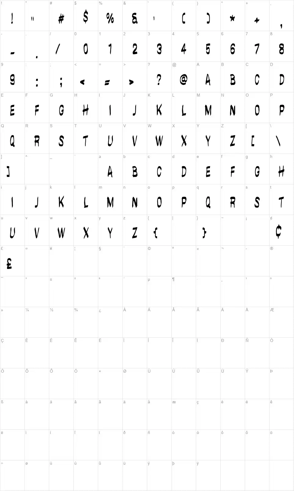Brushwallfont character map