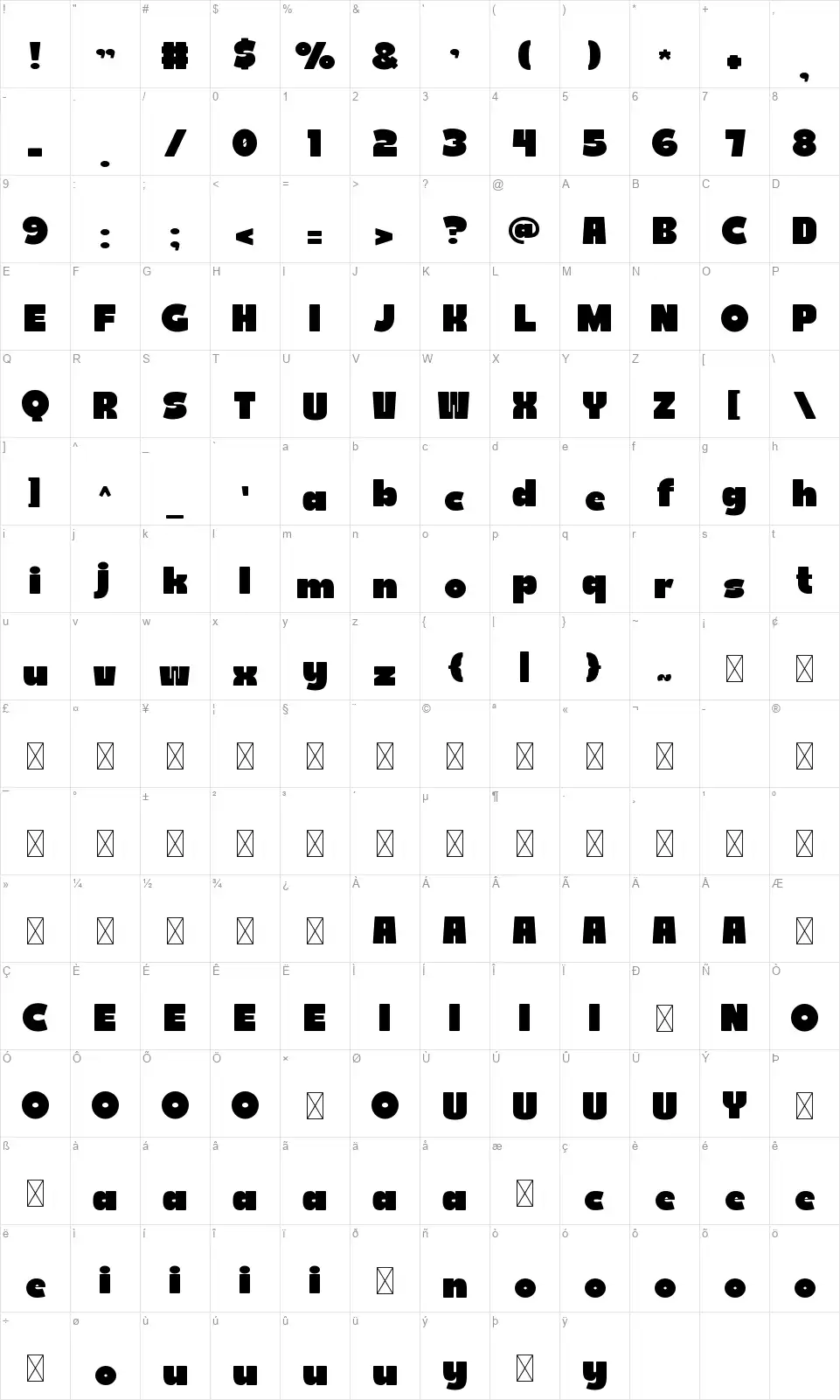 Budoka Table des caractères Budokafont character map