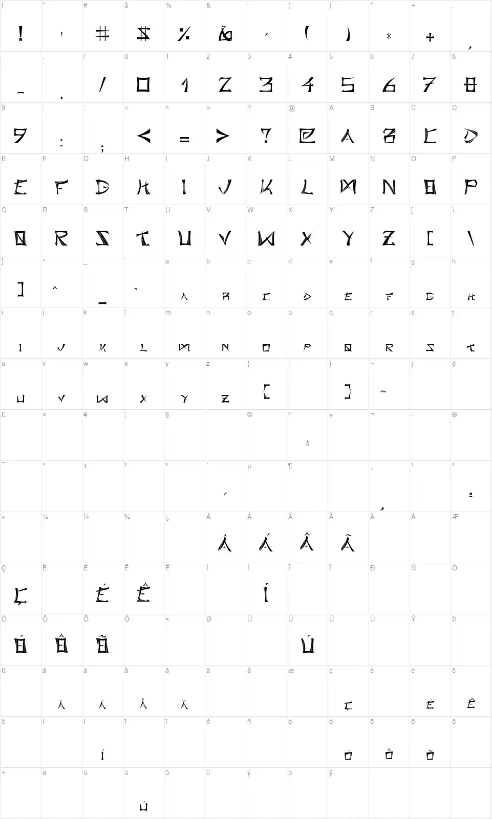 Bushido Typefont character map
